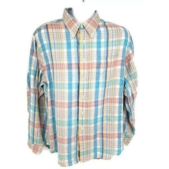 Brooks Brothers Irish Linen Button Up Shirt Mens XL Blue Pink Beach Wedding Vtg - Picture 1 of 12
